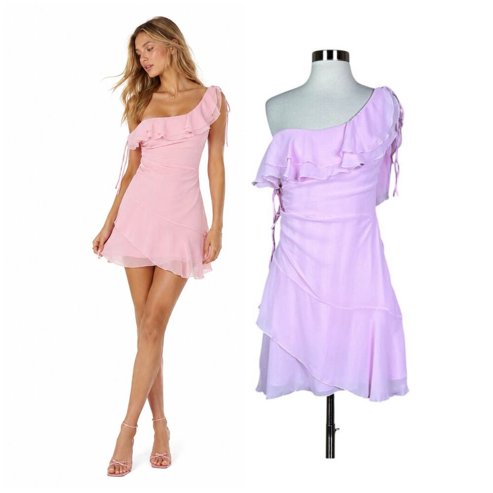 House of CB | Kalena Pink One Shoulder Ruffle Draped Fairy Mini Dress XS Tall